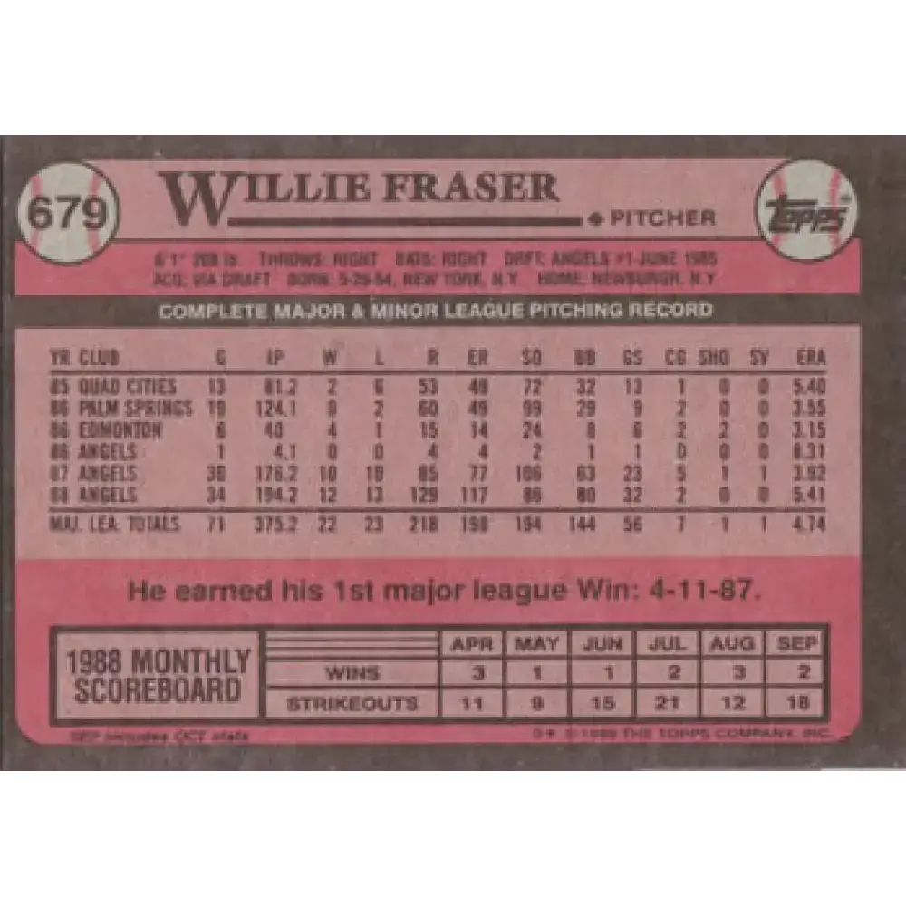 1989 Topps #679 Willie Fraser NM-MT California Angels Baseball Card - Baseball Card Single