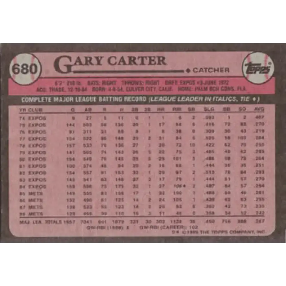 1989 Topps #680 Gary Carter NM-MT New York Mets Baseball Card - Baseball Card Single
