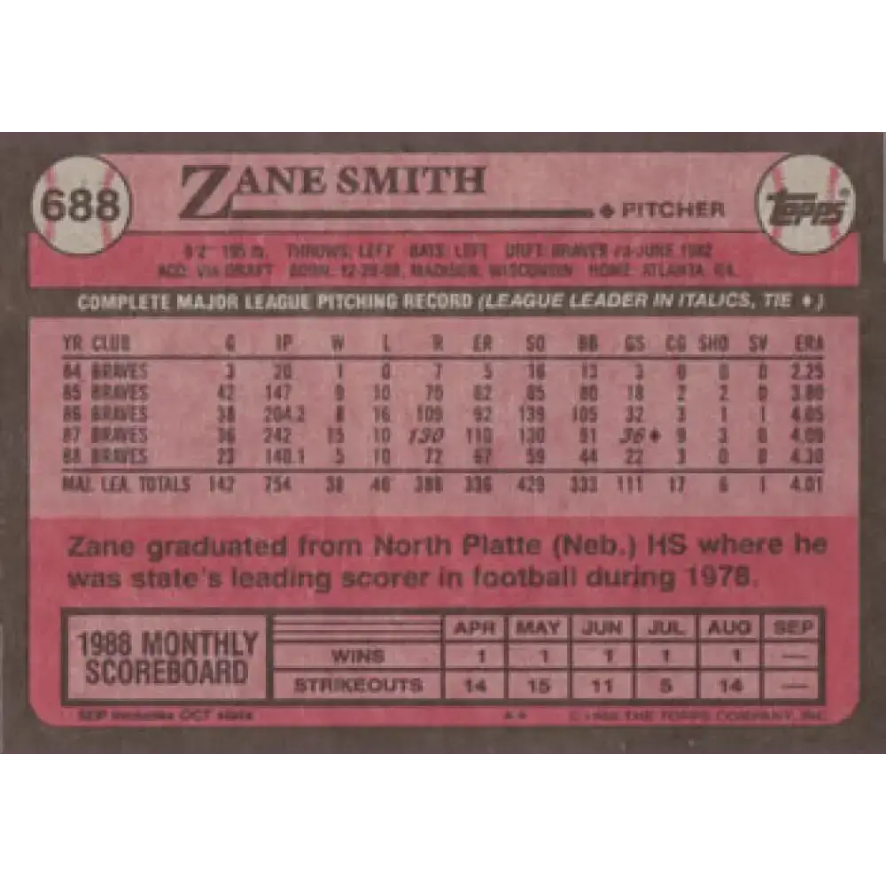 1989 Topps #688 Zane Smith NM-MT Atlanta Braves Baseball Card - Baseball Card Single