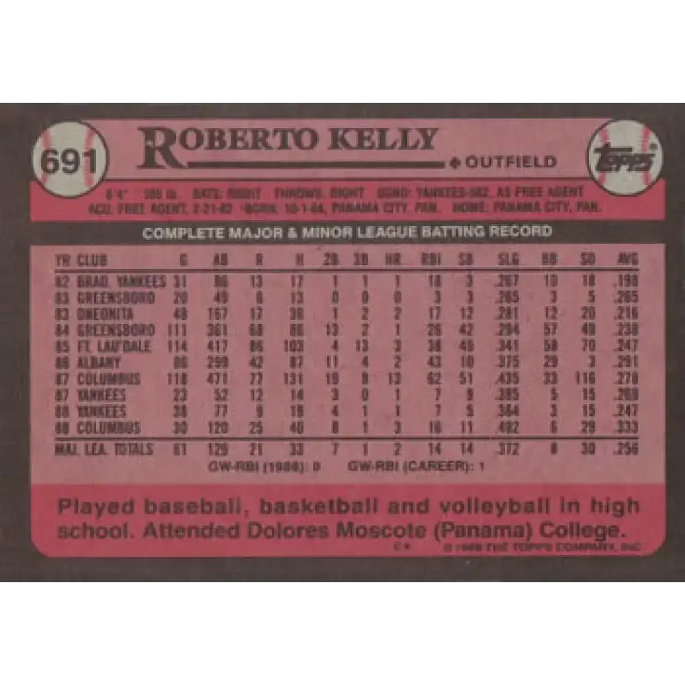 1989 Topps #691 Roberto Kelly UER NM-MT New York Yankees Baseball Card - Baseball Card Single