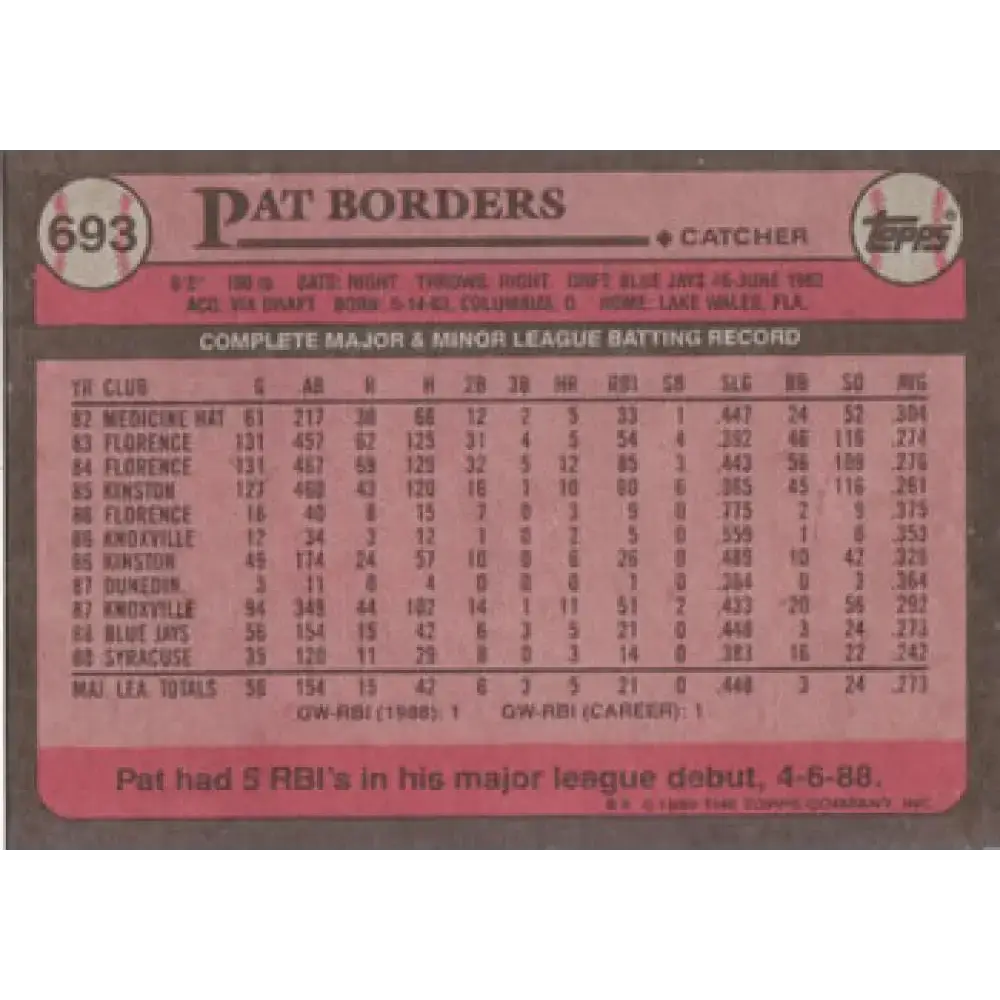 1989 Topps #693 Pat Borders NM-MT RC Rookie Toronto Blue Jays Baseball Card - Baseball Card Single