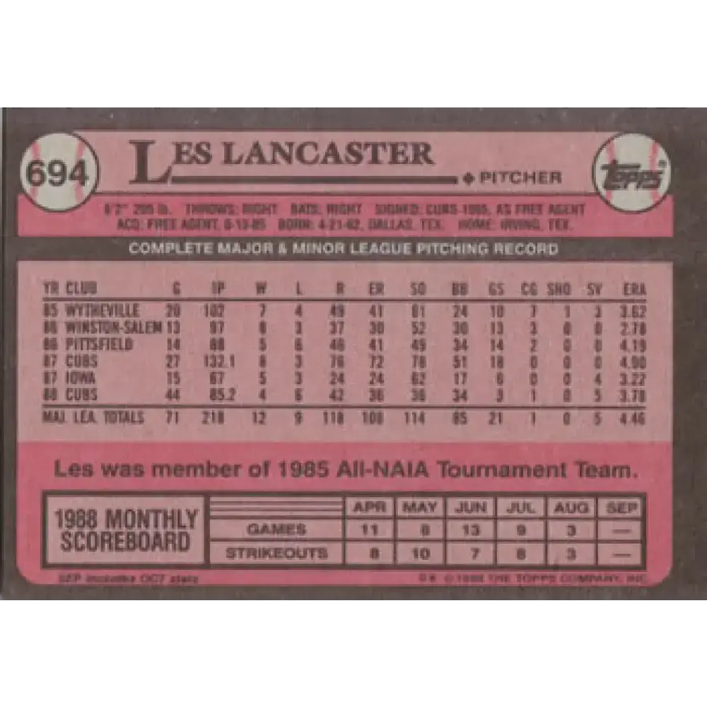 1989 Topps #694 Les Lancaster NM-MT Chicago Cubs Baseball Card - Baseball Card Single
