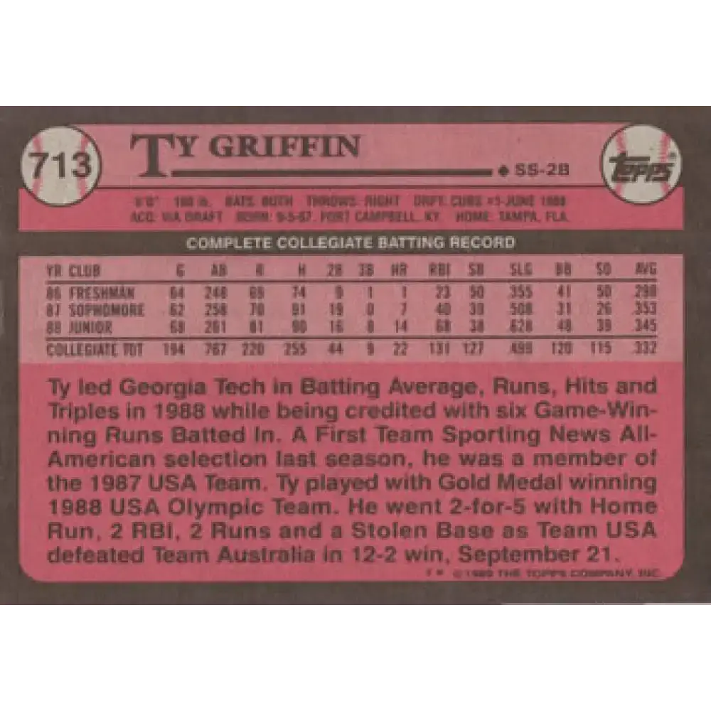1989 Topps #713 Ty Griffin FDP NM-MT Chicago Cubs Baseball Card - Baseball Card Single
