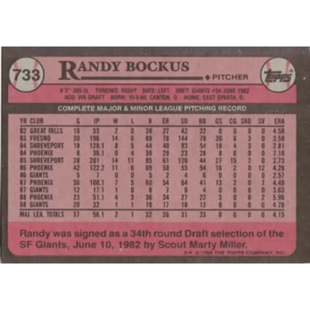 1989 Topps #733 Randy Bockus NM-MT San Francisco Giants Baseball Card - Baseball Card Single