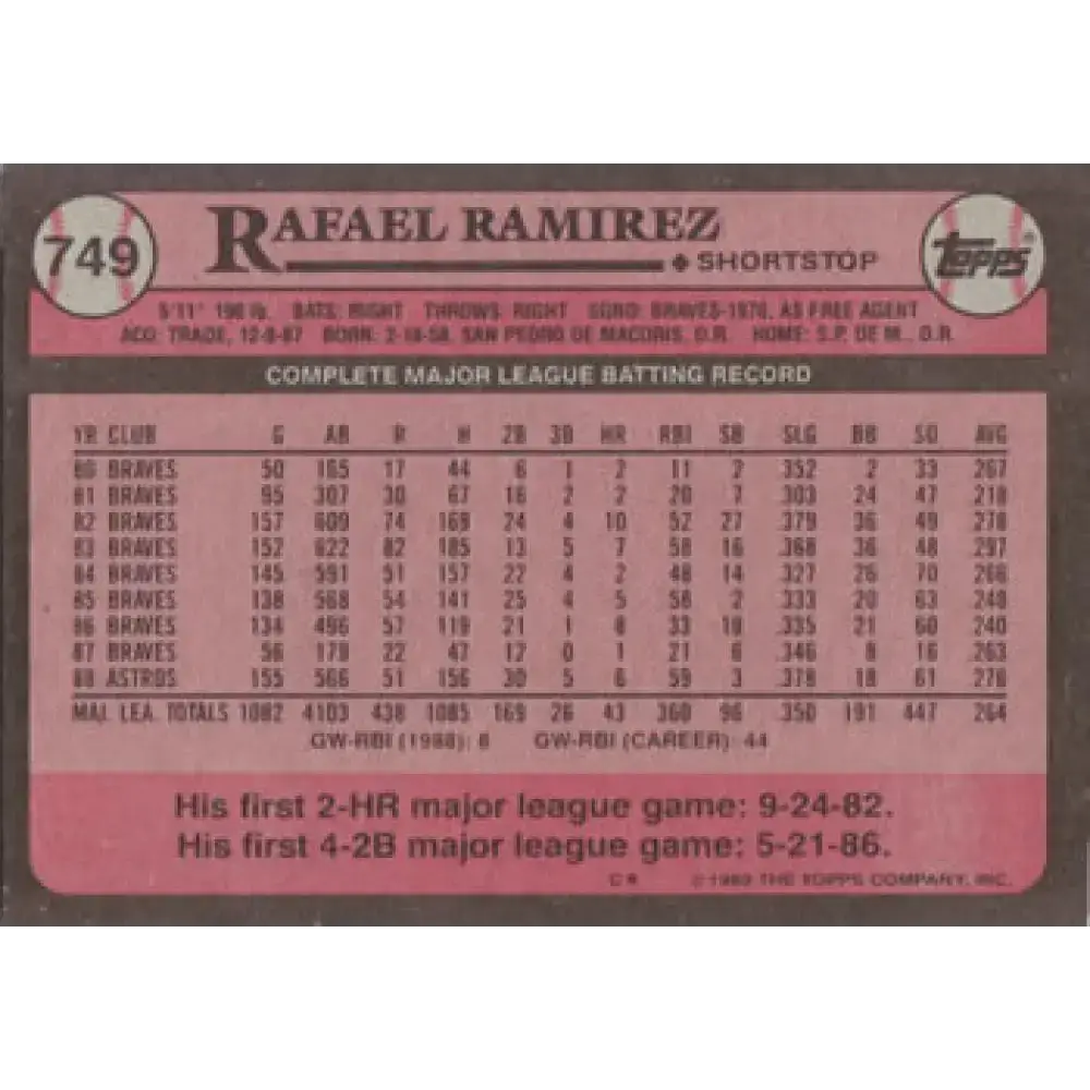 1989 Topps #749 Rafael Ramirez NM-MT Houston Astros Baseball Card - Baseball Card Single