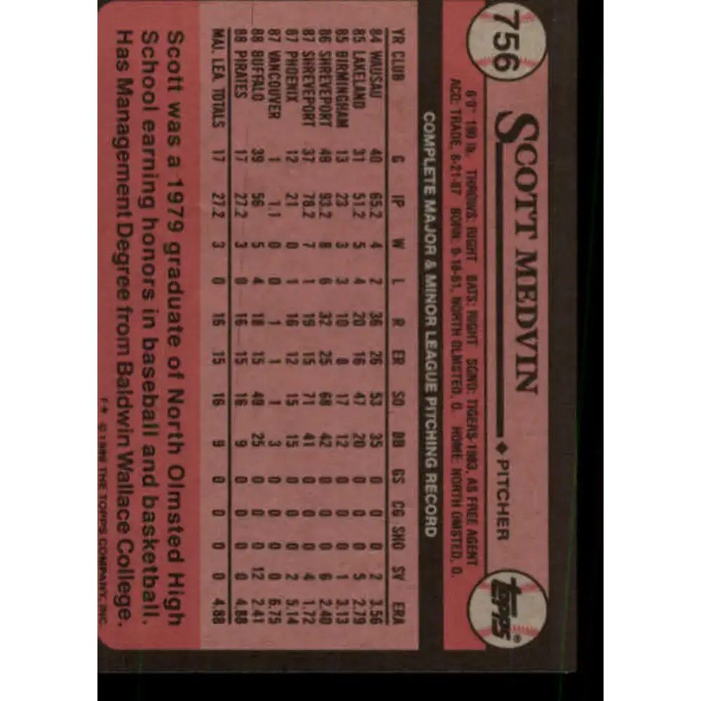 1989 Topps #756 Scott Medvin NM-MT RC Rookie Pittsburgh Pirates Baseball Card - Baseball Card Single