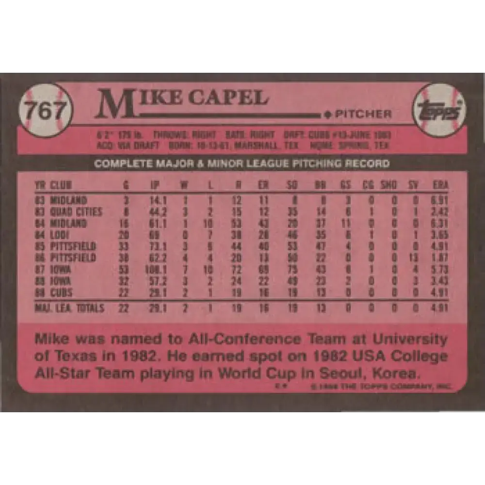 1989 Topps #767 Mike Capel NM-MT RC Rookie Chicago Cubs Baseball Card - Baseball Card Single