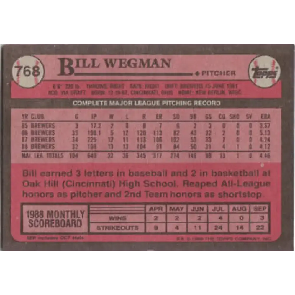 1989 Topps #768 Bill Wegman NM-MT Milwaukee Brewers Baseball Card - Baseball Card Single