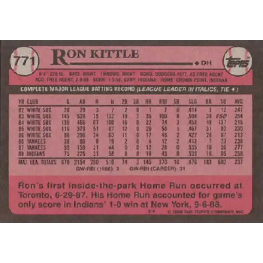 1989 Topps #771 Ron Kittle NM-MT Cleveland Indians Baseball Card - Baseball Card Single