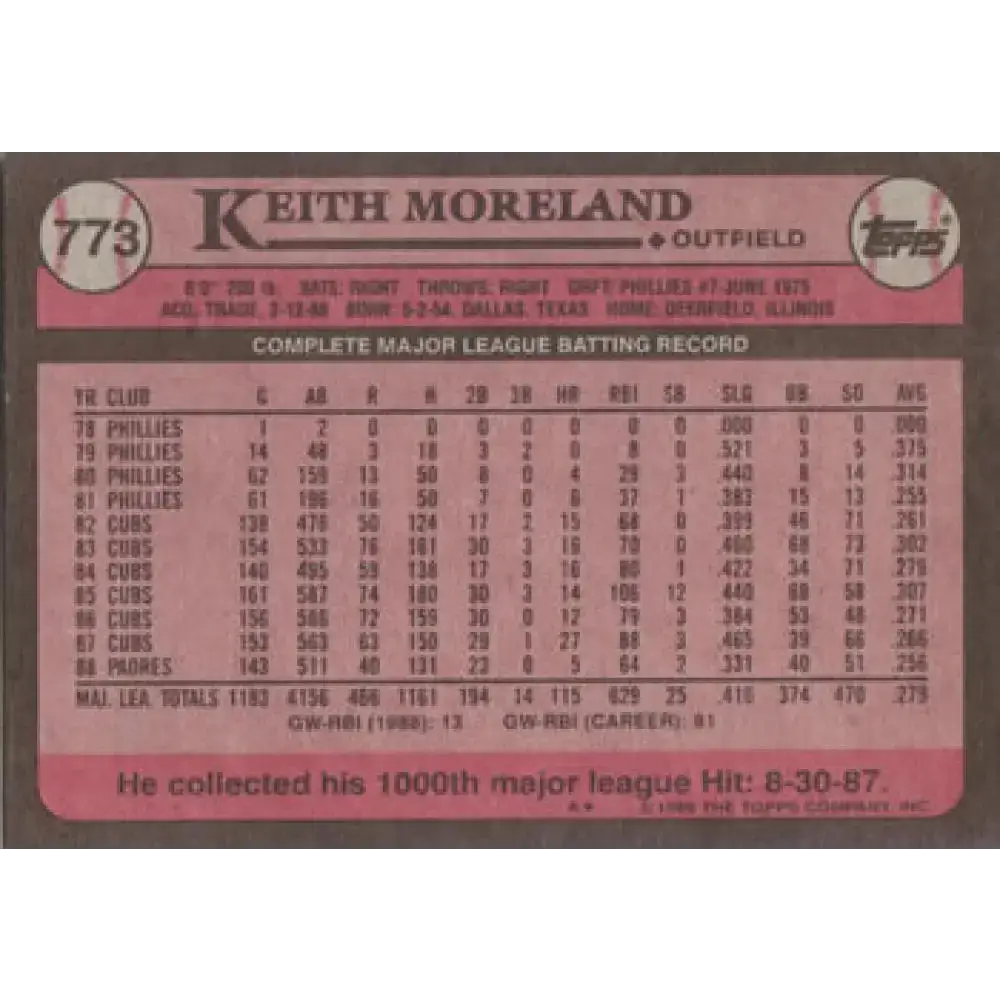 1989 Topps #773 Keith Moreland NM-MT San Diego Padres Baseball Card - Baseball Card Single