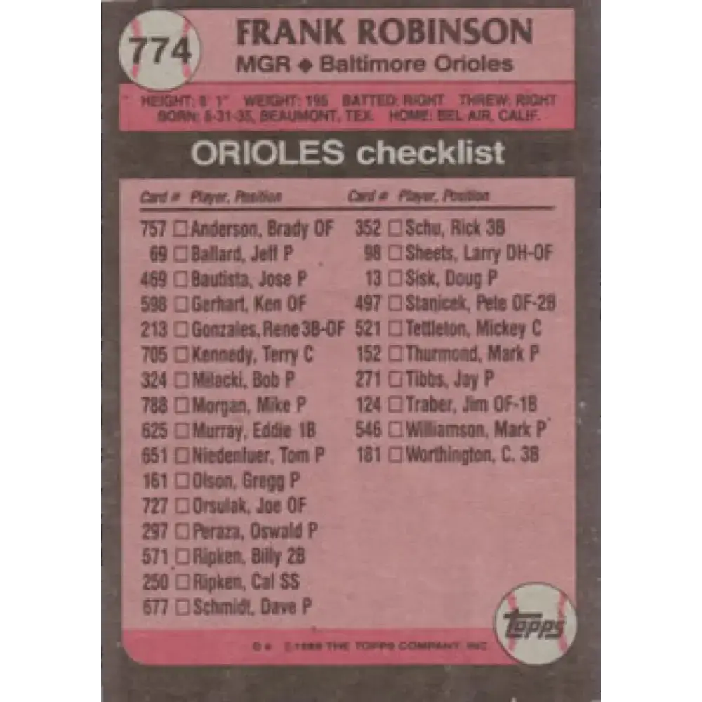 1989 Topps #774 Frank Robinson MG NM-MT Baltimore Orioles Baseball Card - Baseball Card Single