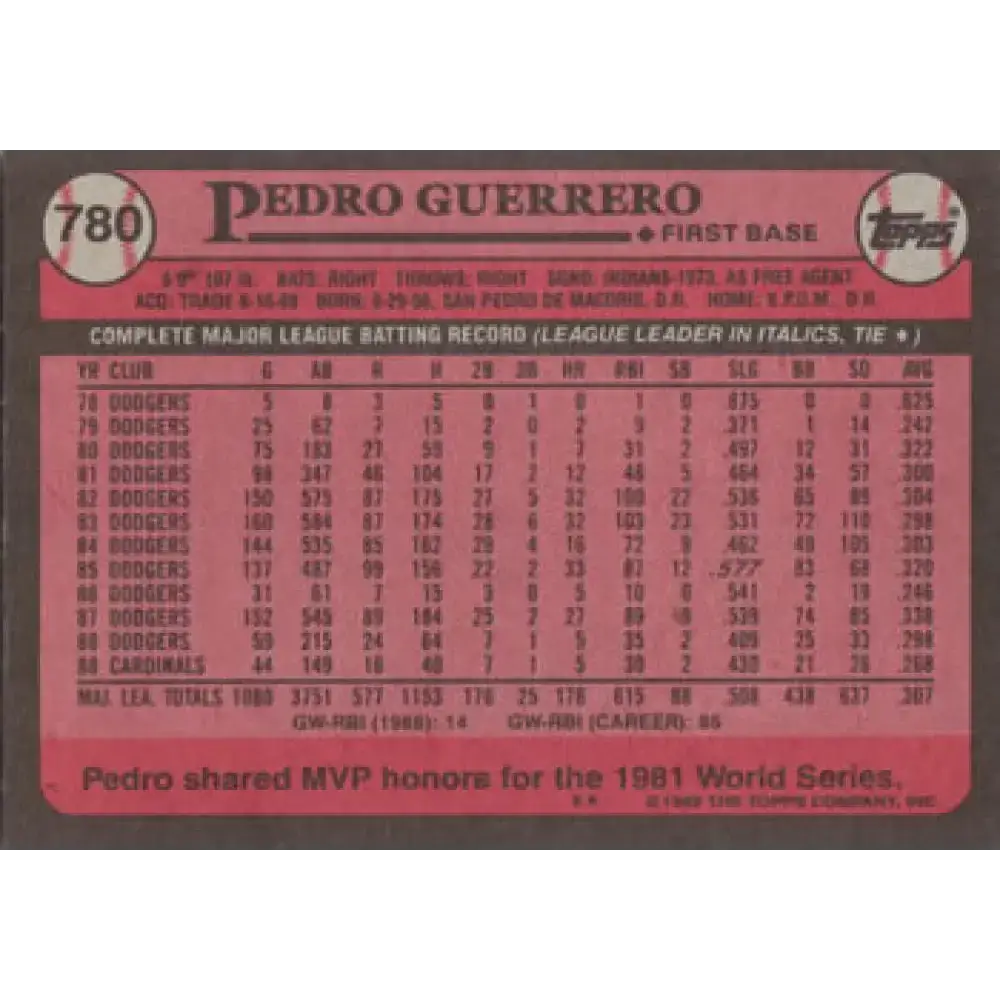 1989 Topps #780 Pedro Guerrero NM-MT St. Louis Cardinals Baseball Card - Baseball Card Single