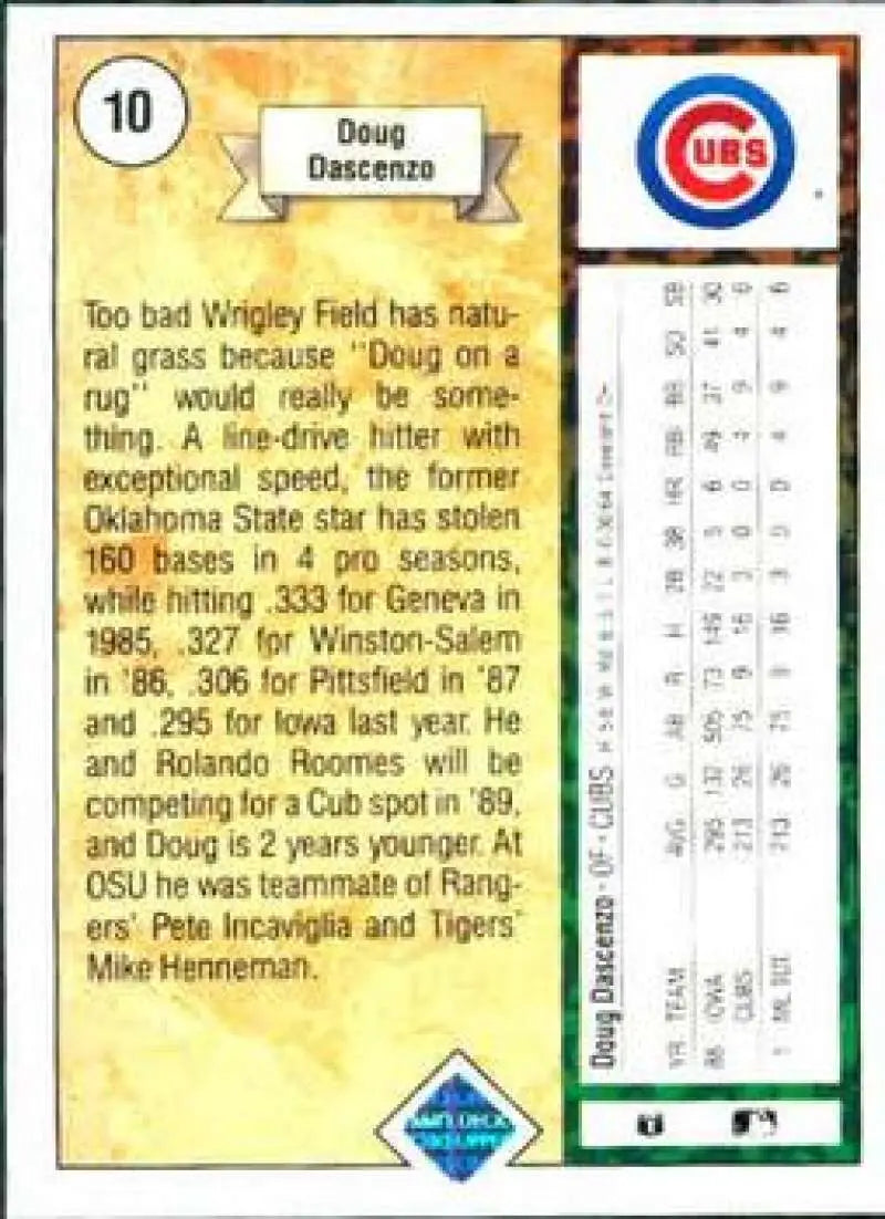 1989 Upper Deck #10 Doug Dascenzo NM-MT RC Rookie Chicago Cubs Baseball Card - Baseball Card Single
