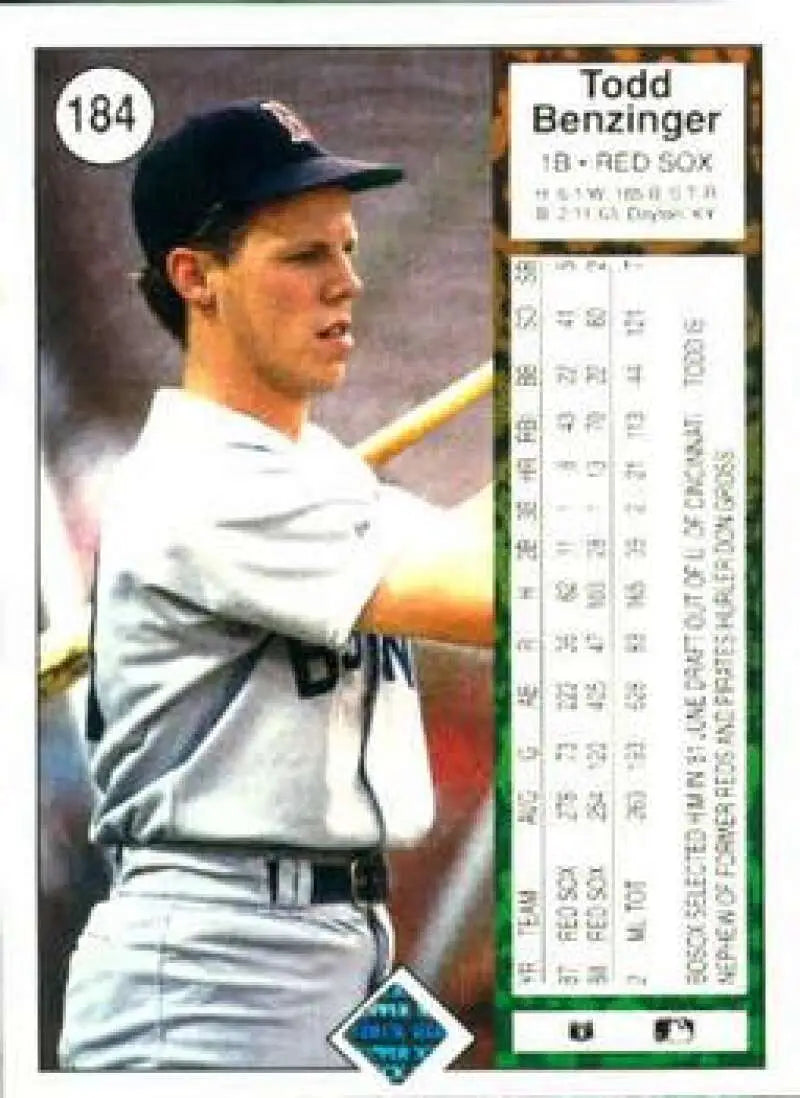 1989 Upper Deck #184 Todd Benzinger NM-MT Boston Red Sox Baseball Card - Baseball Card Single