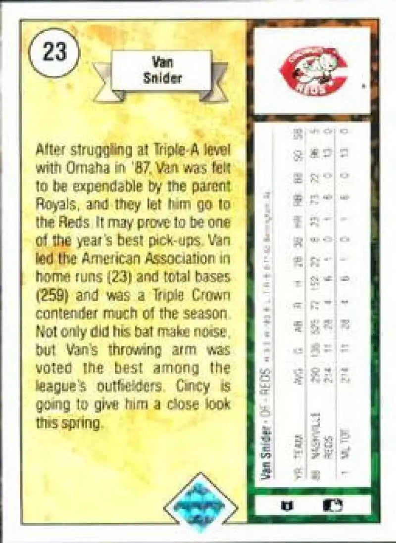 1989 Upper Deck #23 Van Snider NM-MT RC Rookie Cincinnati Reds Baseball Card - Baseball Card Single