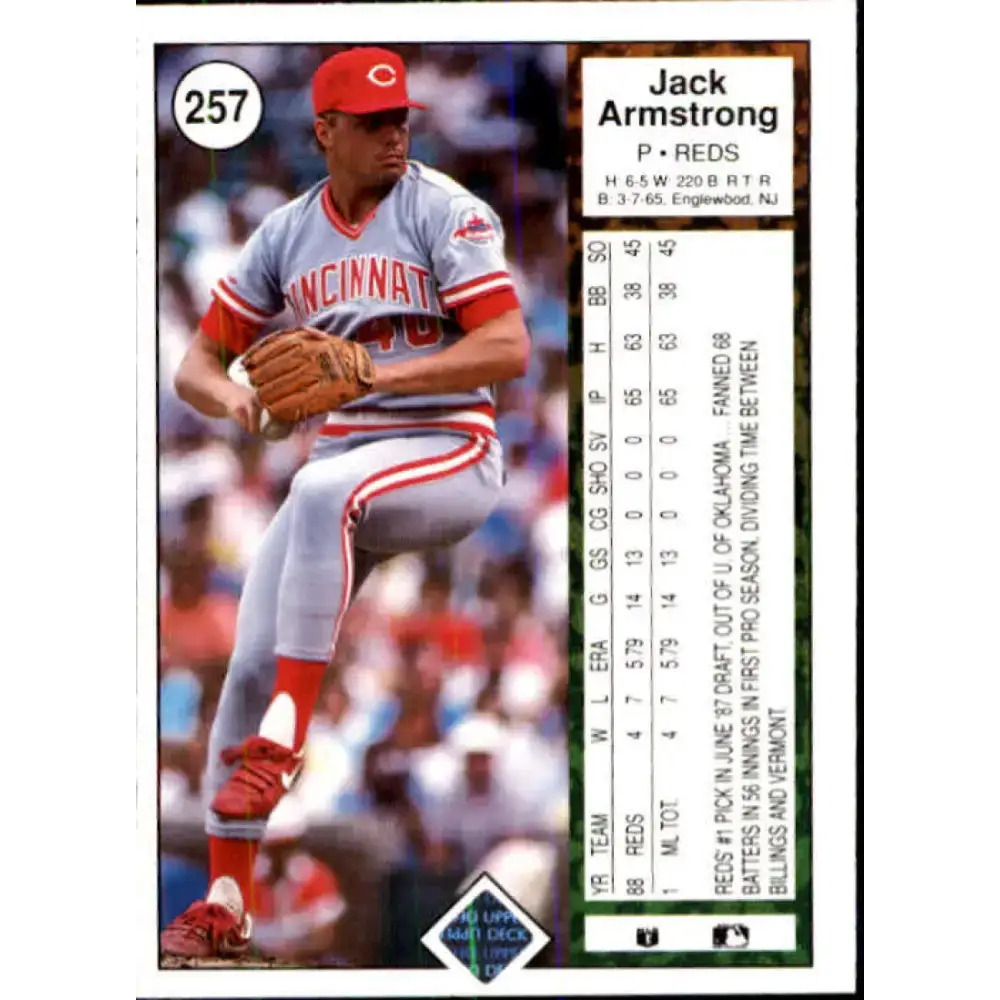 1989 Upper Deck #257 Jack Armstrong NM-MT RC Rookie Cincinnati Reds Baseball Card - Baseball Card Single