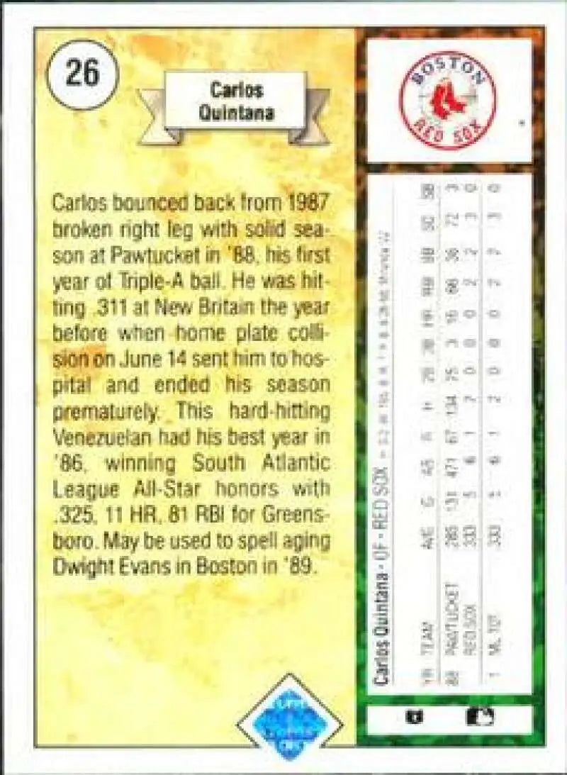 1989 Upper Deck #26 Carlos Quintana NM-MT RC Rookie Boston Red Sox Baseball Card - Baseball Card Single