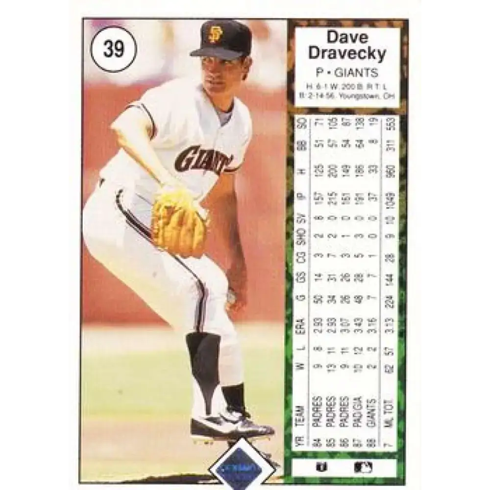 1989 Upper Deck #39 Dave Dravecky NM-MT San Francisco Giants Baseball Card - Baseball Card Single