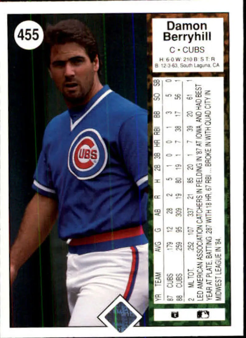 1989 Upper Deck #455 Damon Berryhill NM-MT Chicago Cubs Baseball Card - Baseball Card Single