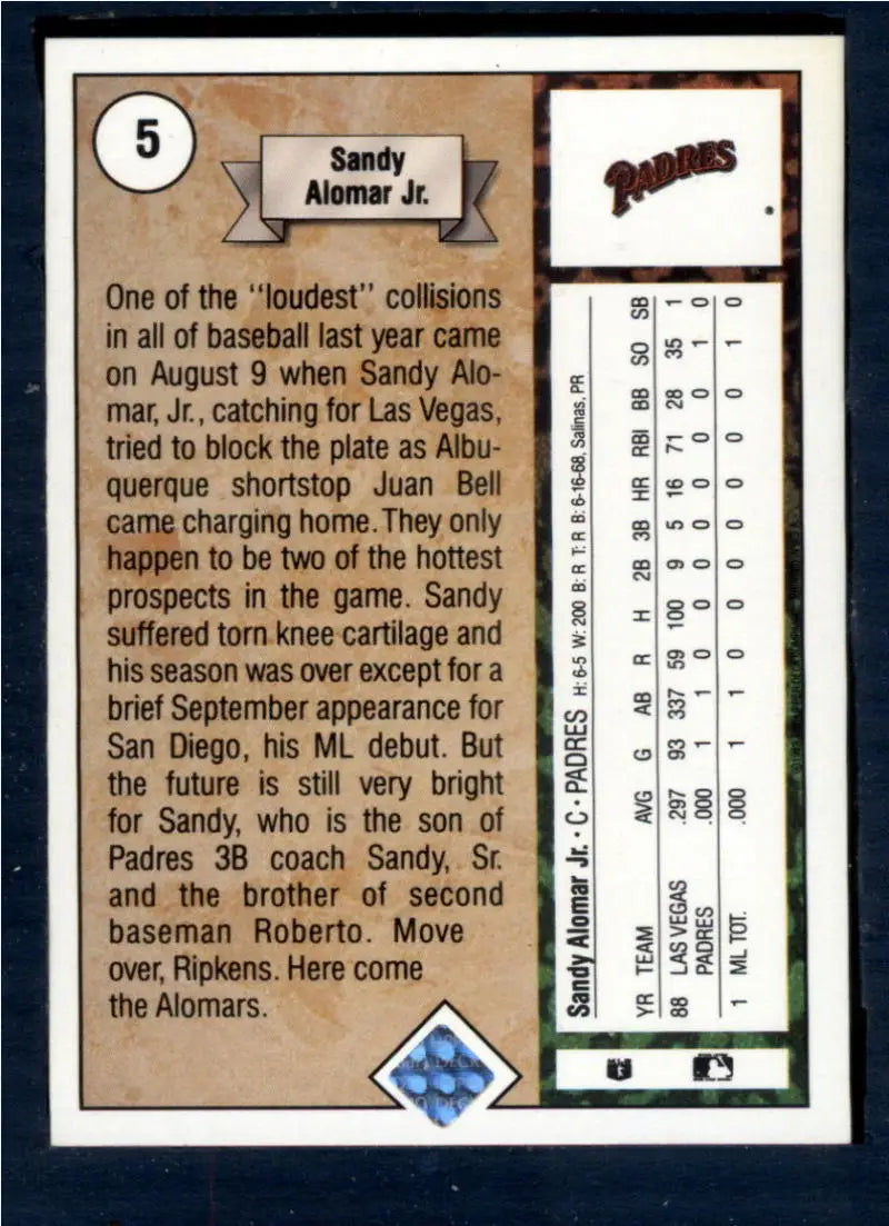 1989 Upper Deck #5 Sandy Alomar Jr. NM-MT RC Rookie San Diego Padres Baseball Card - Baseball Card Single