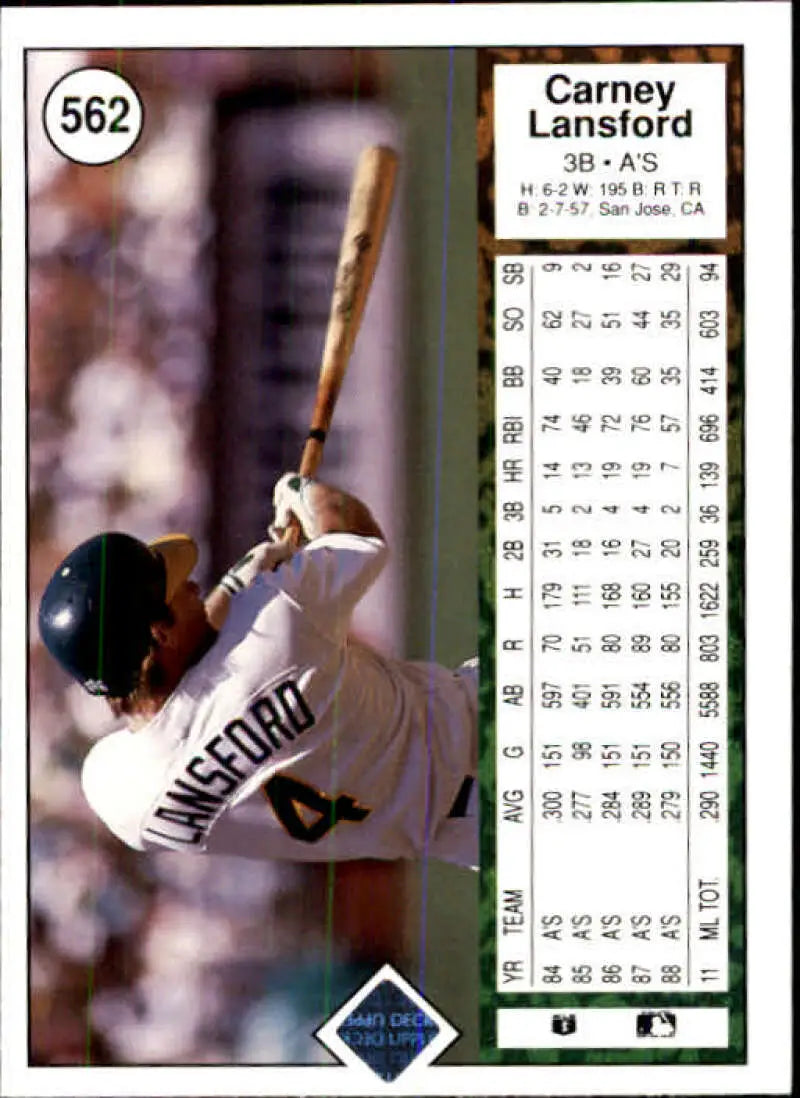 1989 Upper Deck #562 Carney Lansford NM-MT Oakland Athletics Baseball Card - Baseball Card Single