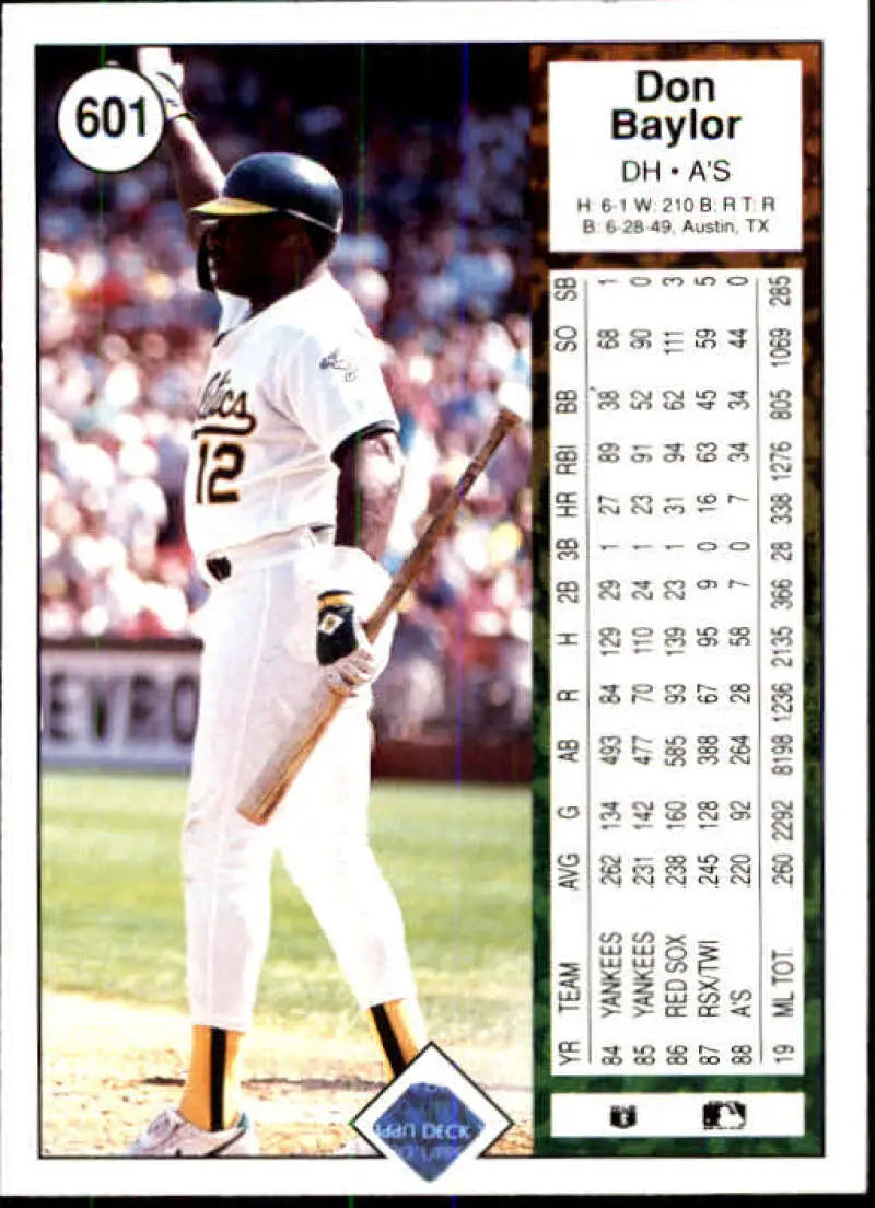 1989 Upper Deck #601 Don Baylor NM-MT Oakland Athletics Baseball Card - Baseball Card Single