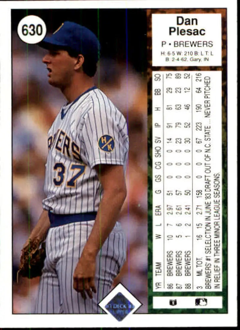 1989 Upper Deck #630 Dan Plesac NM-MT Milwaukee Brewers Baseball Card - Baseball Card Single