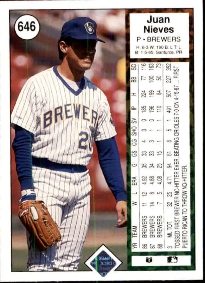 1989 Upper Deck #646 Juan Nieves NM-MT Milwaukee Brewers Baseball Card - Baseball Card Single