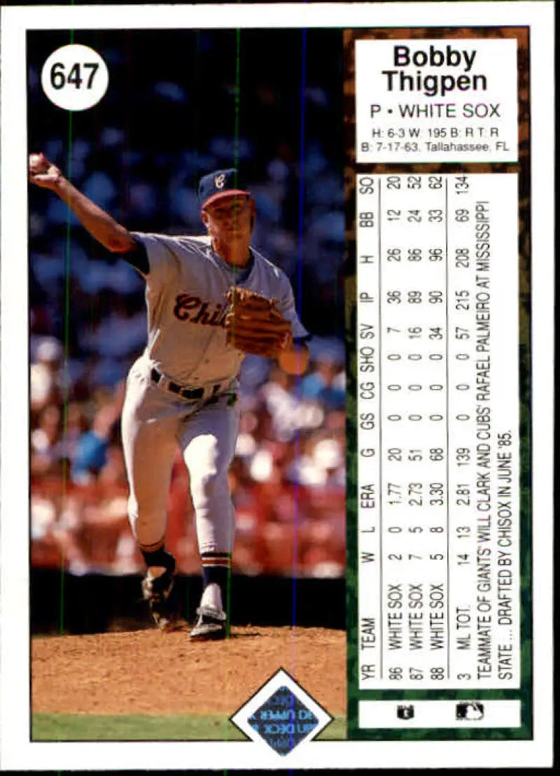 1989 Upper Deck #647 Bobby Thigpen NM-MT Chicago White Sox Baseball Card - Baseball Card Single