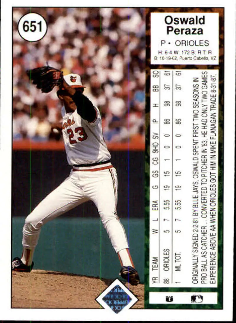 1989 Upper Deck #651 Oswaldo Peraza NM-MT Baltimore Orioles Baseball Card - Baseball Card Single