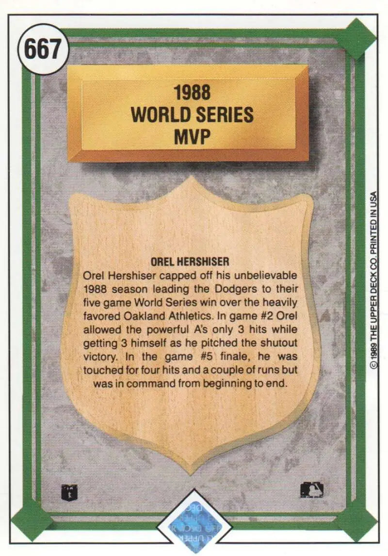 1989 Upper Deck #667 Orel Hershiser NM-MT Los Angeles Dodgers Baseball Card - Baseball Card Single