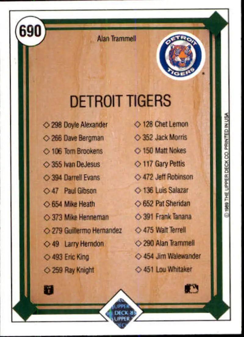 1989 Upper Deck #690 Alan Trammell NM-MT Detroit Tigers Baseball Card - Baseball Card Single