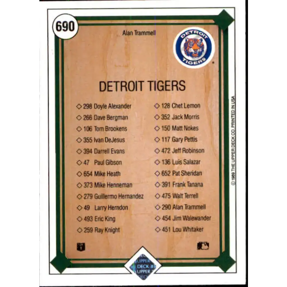 1989 Upper Deck #690 Alan Trammell TC NM-MT Detroit Tigers Baseball Card - Baseball Card Single
