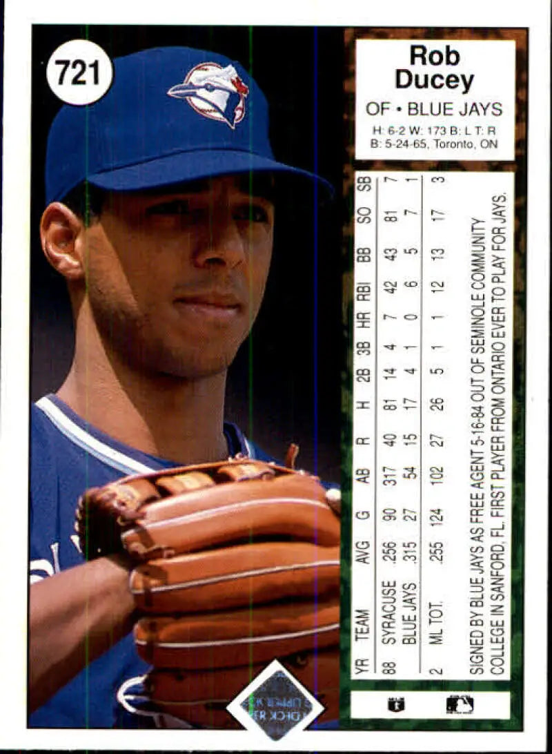 1989 Upper Deck #721 Rob Ducey NM-MT Toronto Blue Jays Baseball Card - Baseball Card Single