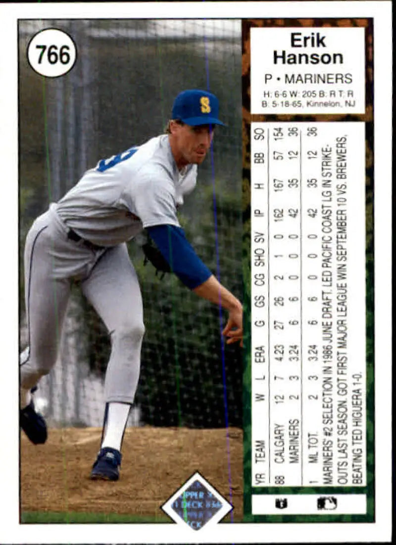 1989 Upper Deck #766 Erik Hanson NM-MT RC Rookie Seattle Mariners Baseball Card - Baseball Card Single