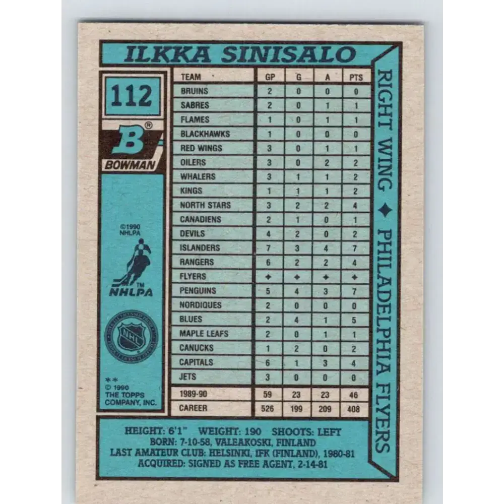 1990-91 Bowman #112 Ilkka Sinisalo NM-MT Philadelphia Flyers Hockey Card - Hockey Card Single