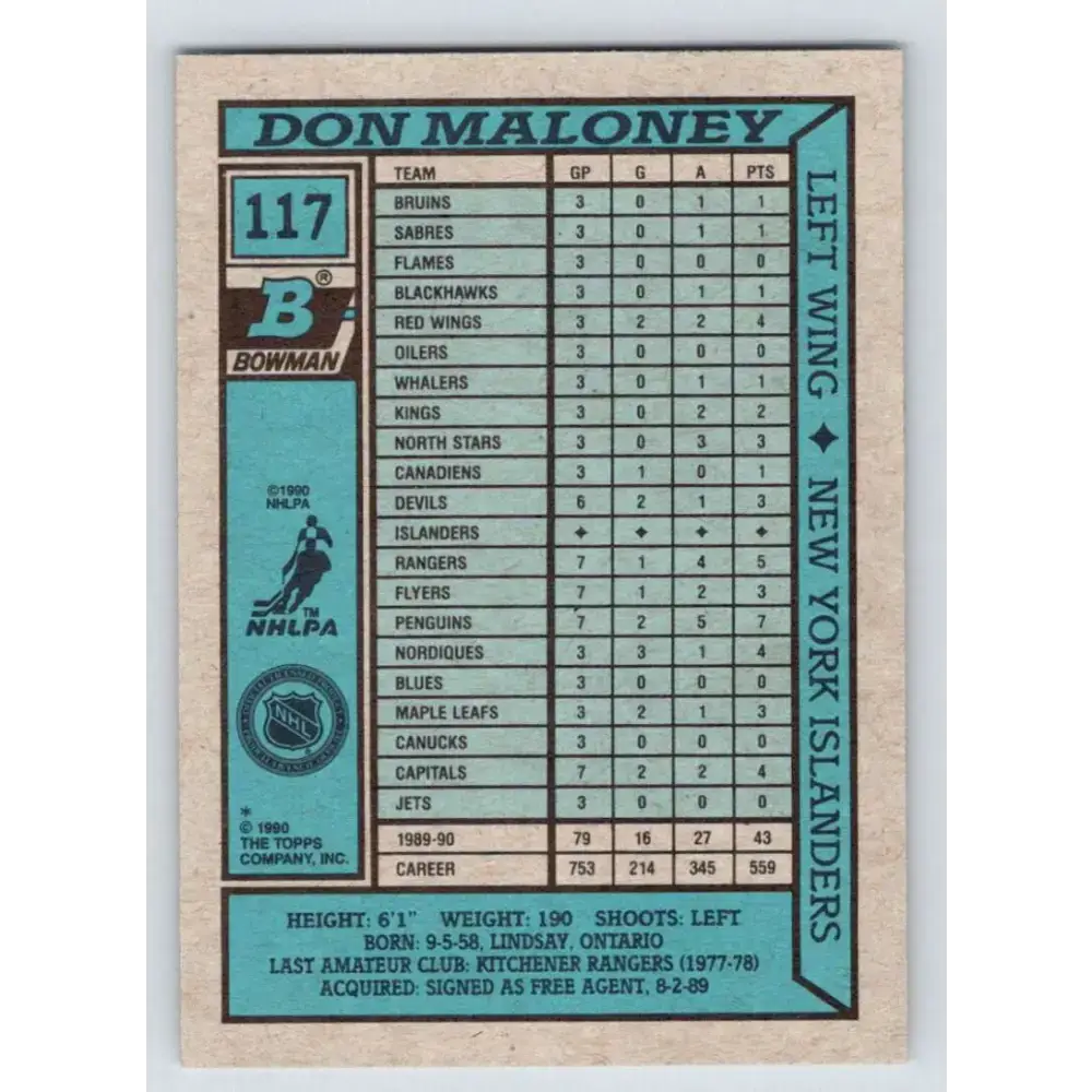 1990-91 Bowman #117 Don Maloney NM-MT New York Islanders Hockey Card - Hockey Card Single