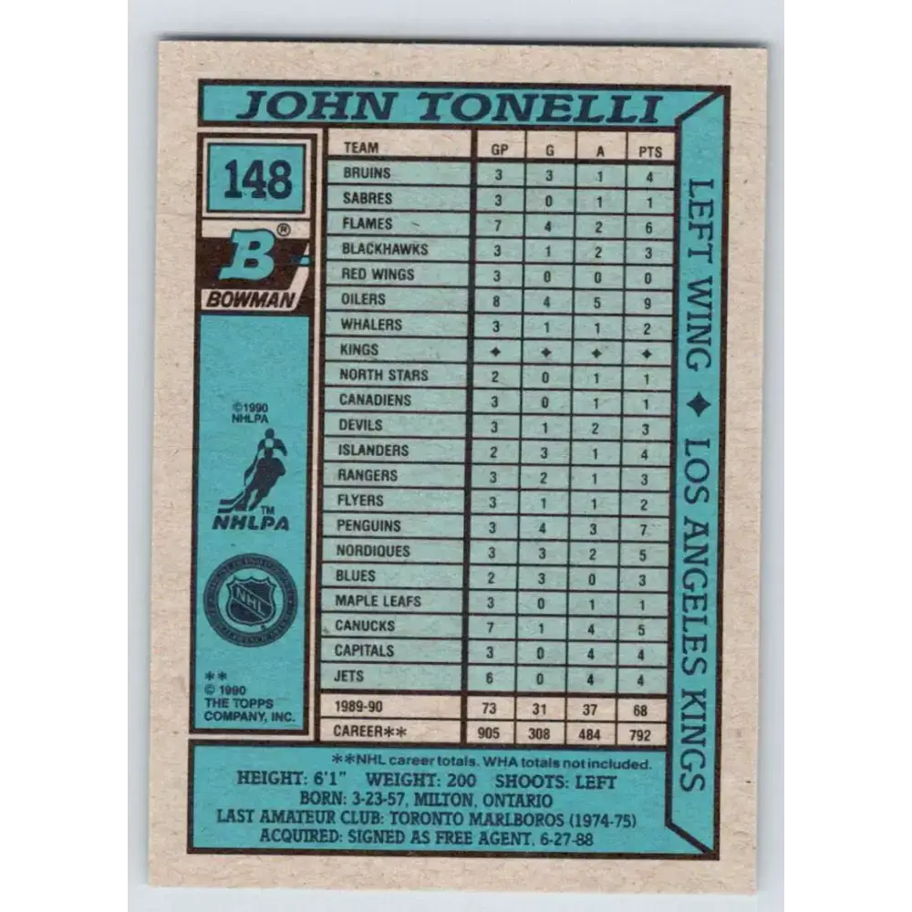 1990-91 Bowman #148 John Tonelli NM-MT Los Angeles Kings Hockey Card - Hockey Card Single
