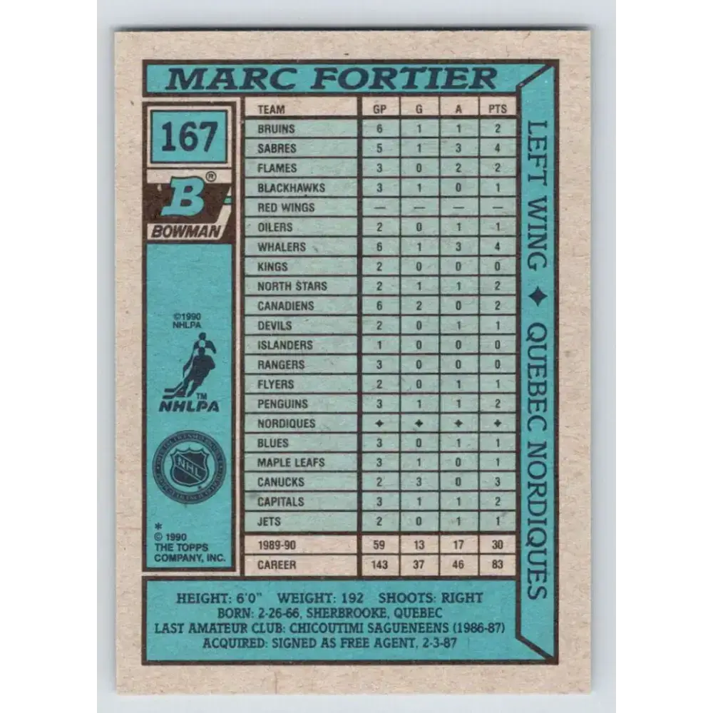 1990-91 Bowman #167 Marc Fortier NM-MT Quebec Nordiques Hockey Card - Hockey Card Single