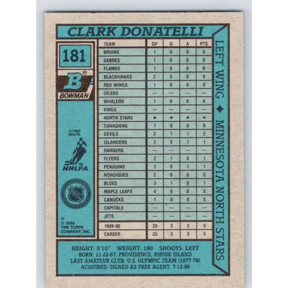 1990-91 Bowman #181 Clark Donatelli NM-MT Minnesota North Stars Hockey Card - Hockey Card Single