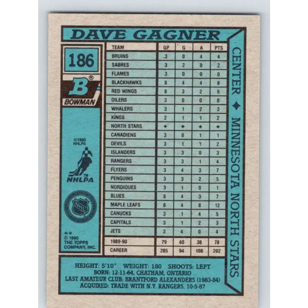 1990-91 Bowman #186 Dave Gagner NM-MT Minnesota North Stars Hockey Card - Hockey Card Single