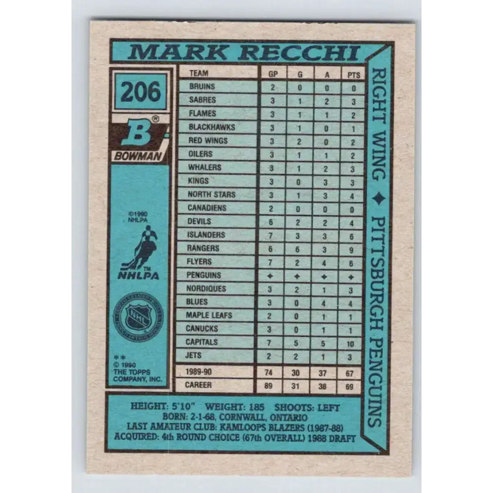 1990-91 Bowman #206 Mark Recchi NM-MT RC Rookie Pittsburgh Penguins Hockey Card - Hockey Card Single