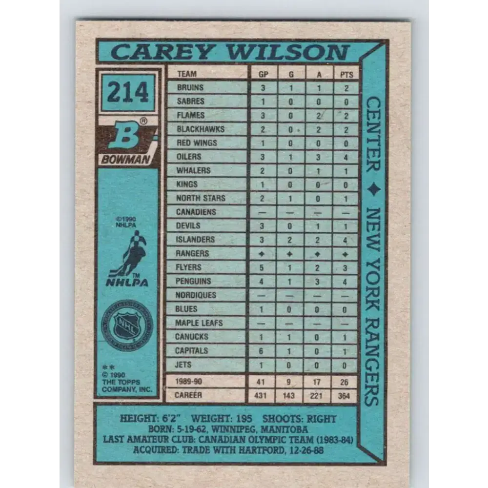 1990-91 Bowman #214 Carey Wilson NM-MT New York Rangers Hockey Card