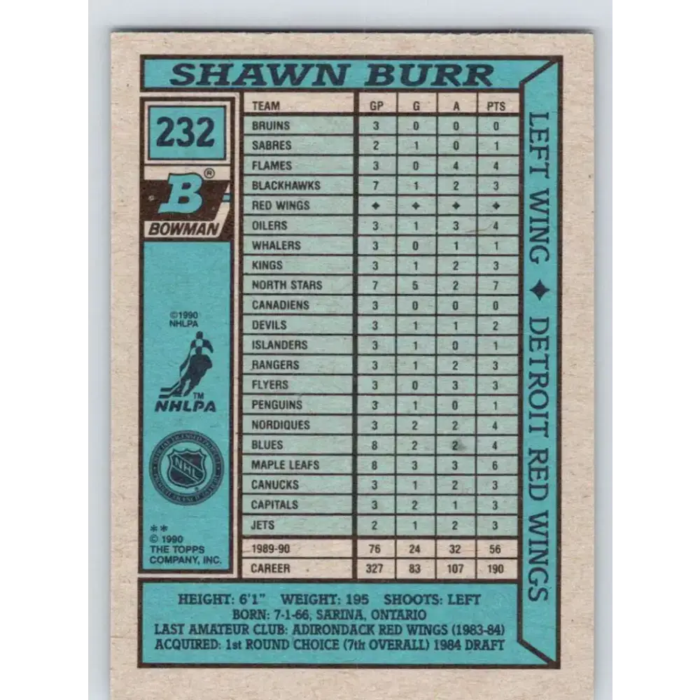 1990-91 Bowman #232 Shawn Burr NM-MT Detroit Red Wings Hockey Card - Hockey Card Single