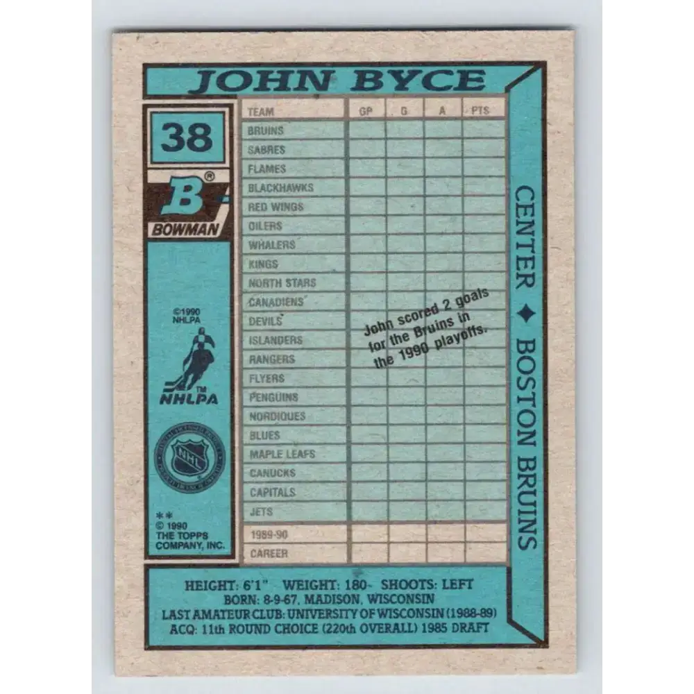 1990-91 Bowman #38 John Byce NM-MT Calgary Flames Hockey Card - Hockey Card Single