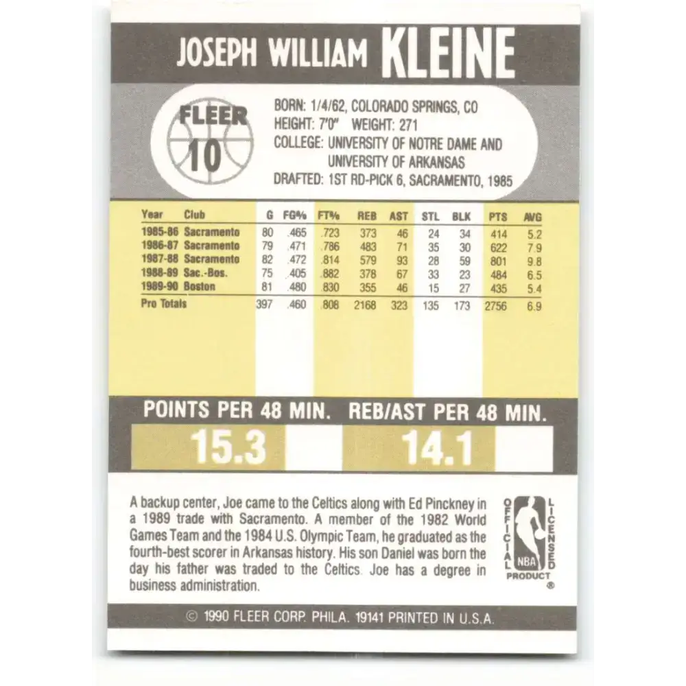 1990-91 Fleer #10 Joe Kleine EX Excellent Boston Celtics Basketball Card - Basketball Card Single