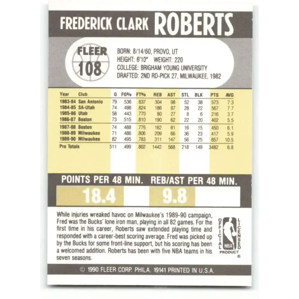 1990-91 Fleer #108 Fred Roberts EX Excellent Milwaukee Bucks Basketball Card - Basketball Card Single