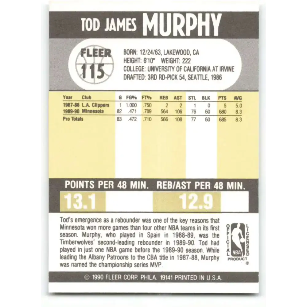 1990-91 Fleer #115 Tod Murphy EX Excellent Minnesota Timberwolves Basketball Card - Basketball Card Single