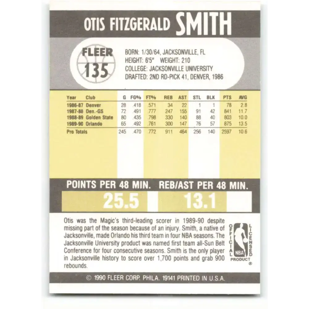 1990-91 Fleer #135 Otis Smith EX Excellent Orlando Magic Basketball Card - Basketball Card Single