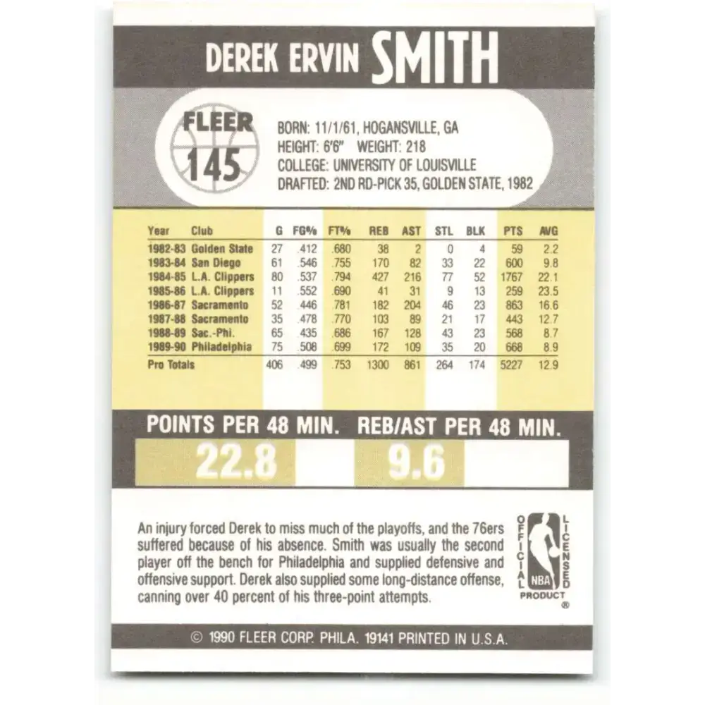 1990-91 Fleer #145 Derek Smith EX Excellent Philadelphia 76ers Basketball Card - Basketball Card Single